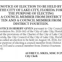 Notice of Election to be held for the purpose of electing a council member from districts ten and fourteen