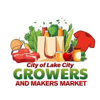 Fruits, vegetables, meat, shirt, hat, paper grocery bag, above City of Lake City Growers and Makers Market.