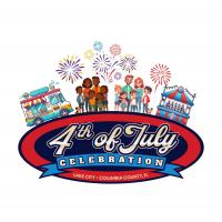 Food truck, two families, fair games, fireworks, above a 4th of July Celebration logo.