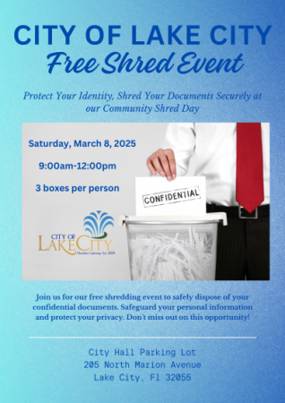 City of Lake City Free Community Shred Day, Saturday, March 8, 2025 9:00 AM - 12:00 PM, 3 boxes per person