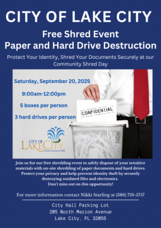 City of Lake City Free Shred Event. Limit five boxes per person. Also shred your hard drives