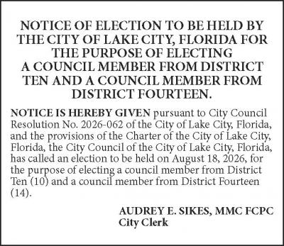 Notice of Election to be held for the purpose of electing a council member from districts ten and fourteen