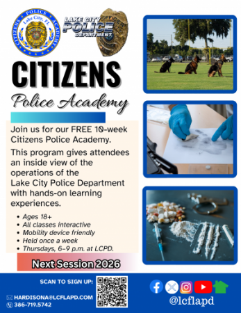 LCPD flyer advertising a free 10-week Citizens Police Academy for ages 18 and older with weekly Thursday classes