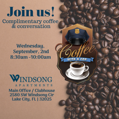 Join Lake City Police for Coffee with a Cop on Wednesday, September 2, from 8:30–10 a.m. at Windsong Apartments.