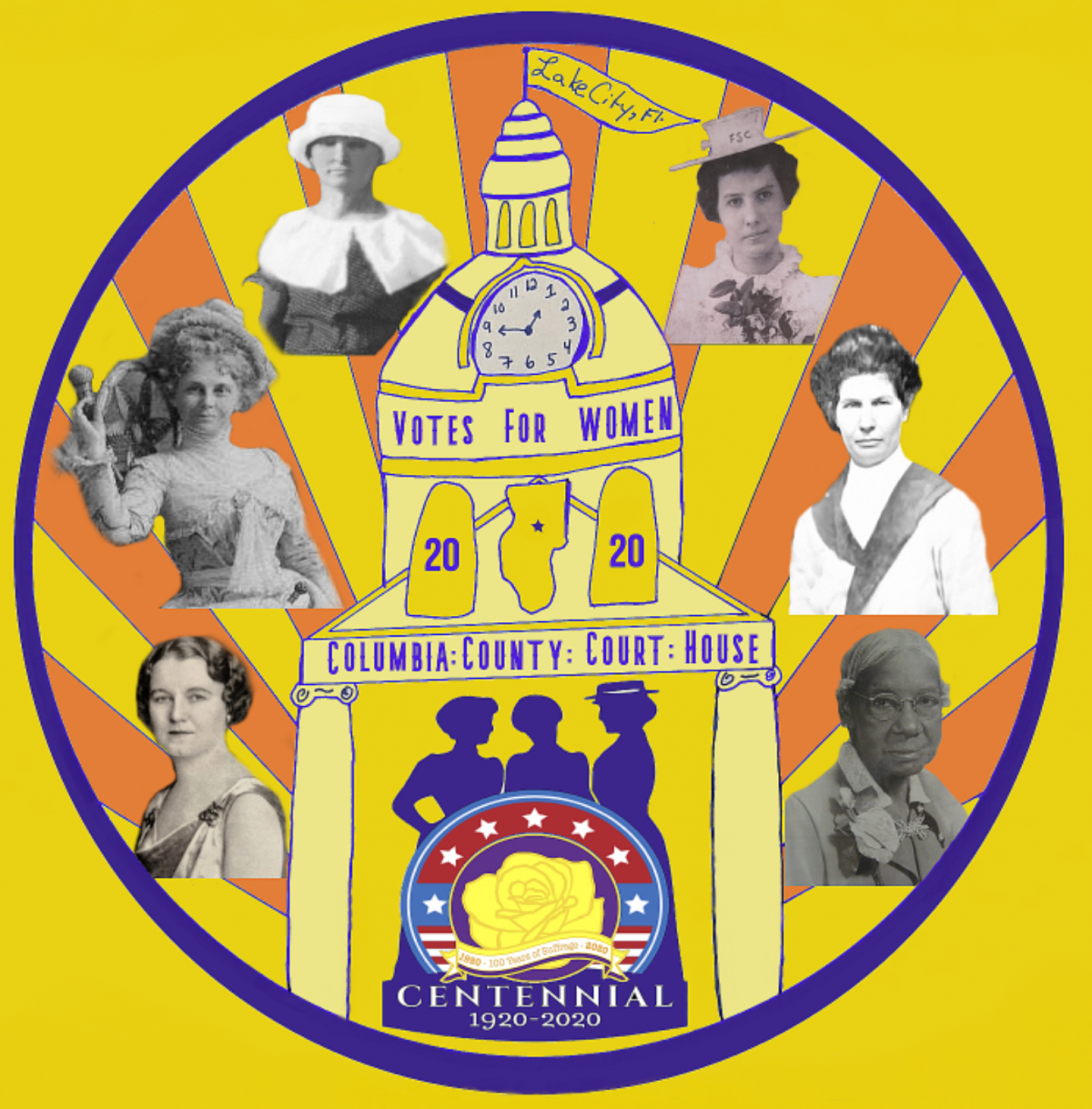 Women's Suffrage logo Women's Suffrage logo showing 6 women from the 1900's era and a drawing of the Columbia County clock tower