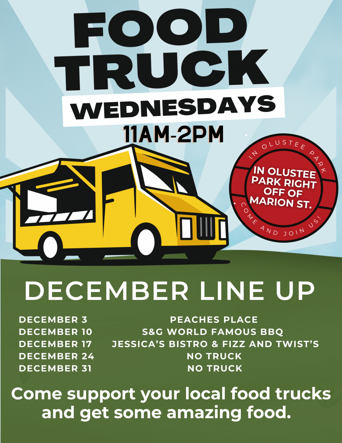 Image of food truck with dates and vendors listed.