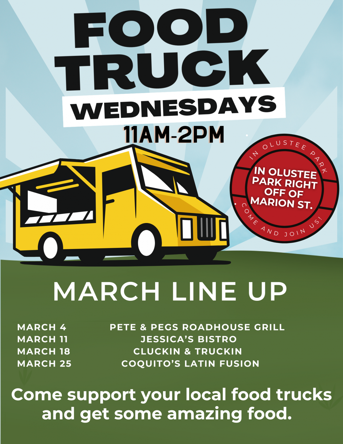 Food Truck Flyer for March with a list of Vendors