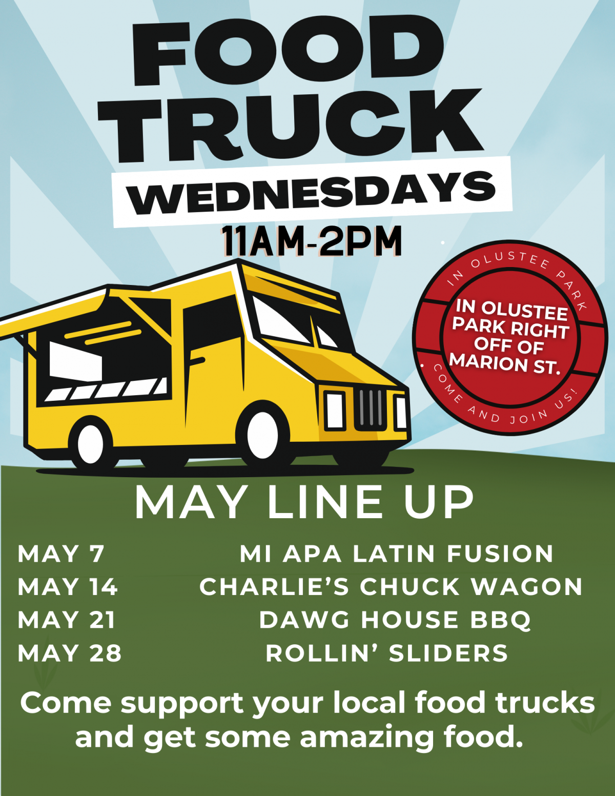 Image of food truck with dates and vendors listed.
