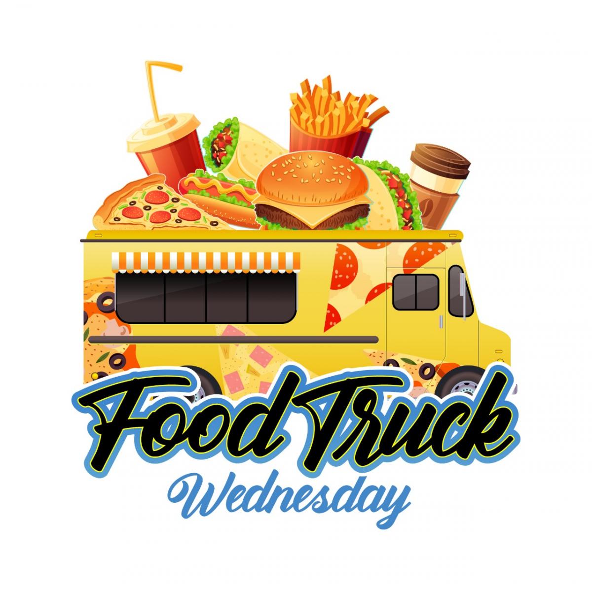 Food Truck Wednesday Yellow food truck with pizza, hamburger, fries, burrito, coffee, and a drink on top of it.