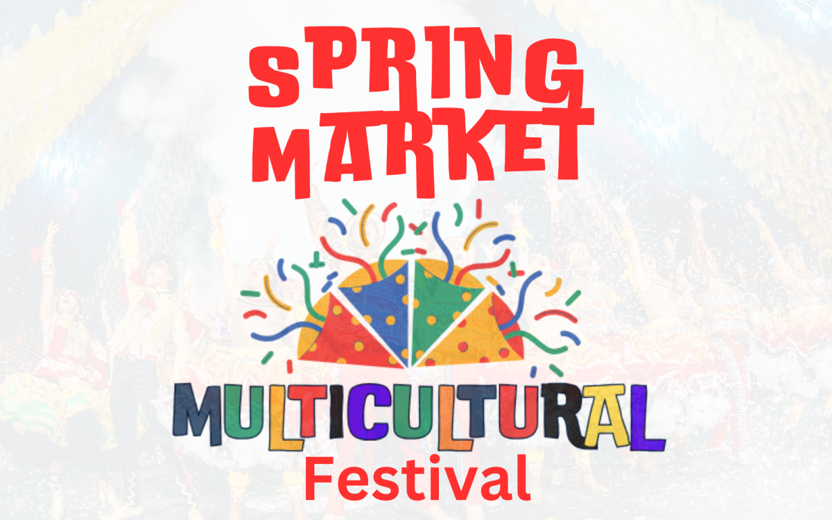 Spring Market Multicultural Festival Multi colored party horns shooting out multi colored confetti with the words Spring Market Multicultural Festival.