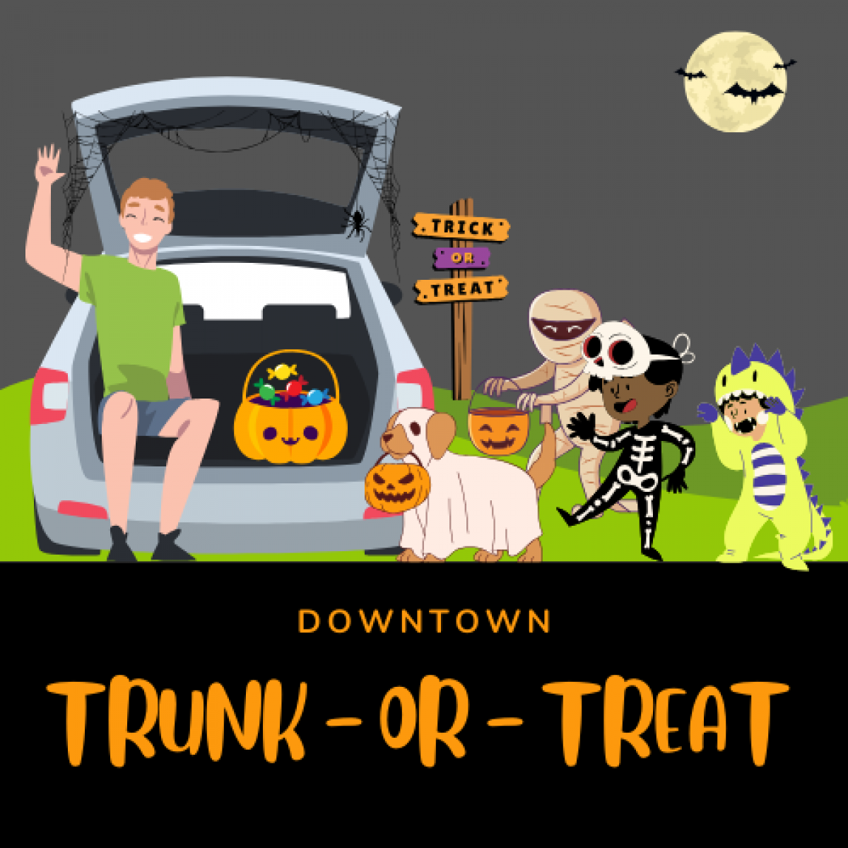 Trunk or Treat Car with trunk open. Children dressed up in Halloween costumes.