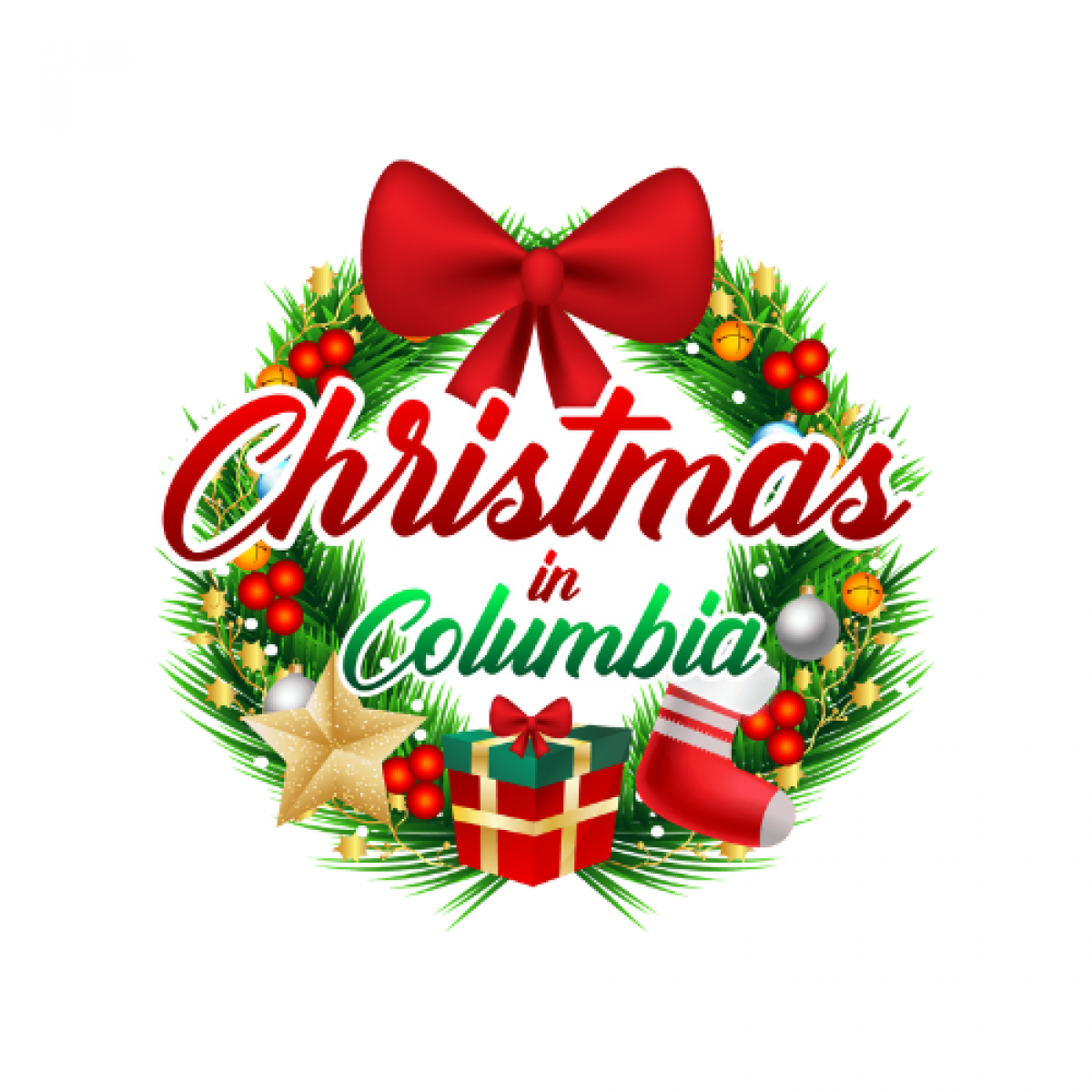 Christmas in Columbia Green Christmas wreath with red, gold, and silver ornaments. Red stocking, red present, red ribbon, and gold star hang on wreath