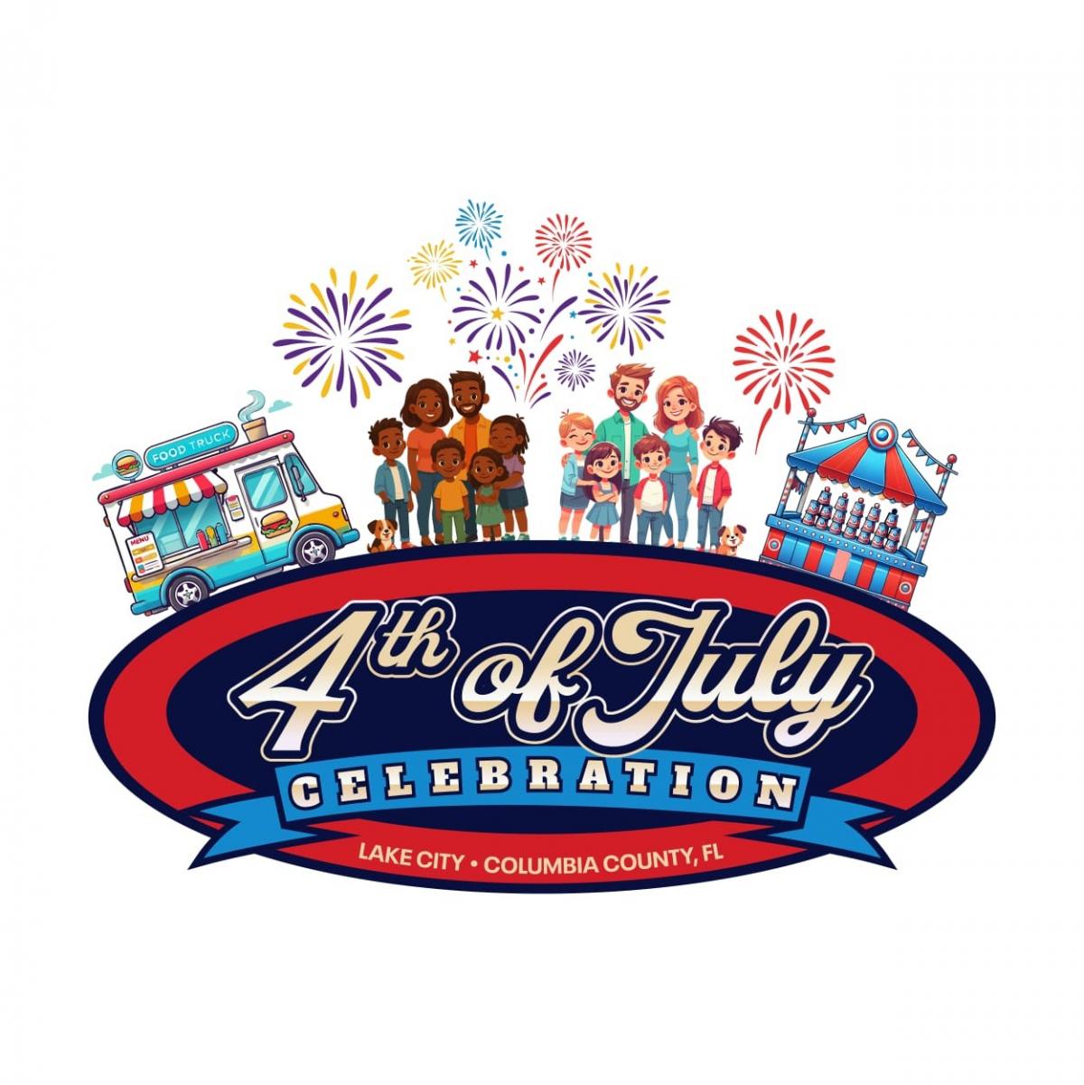Independence Day Celebration Food truck, two families, fair games, fireworks, above a 4th of July Celebration logo.