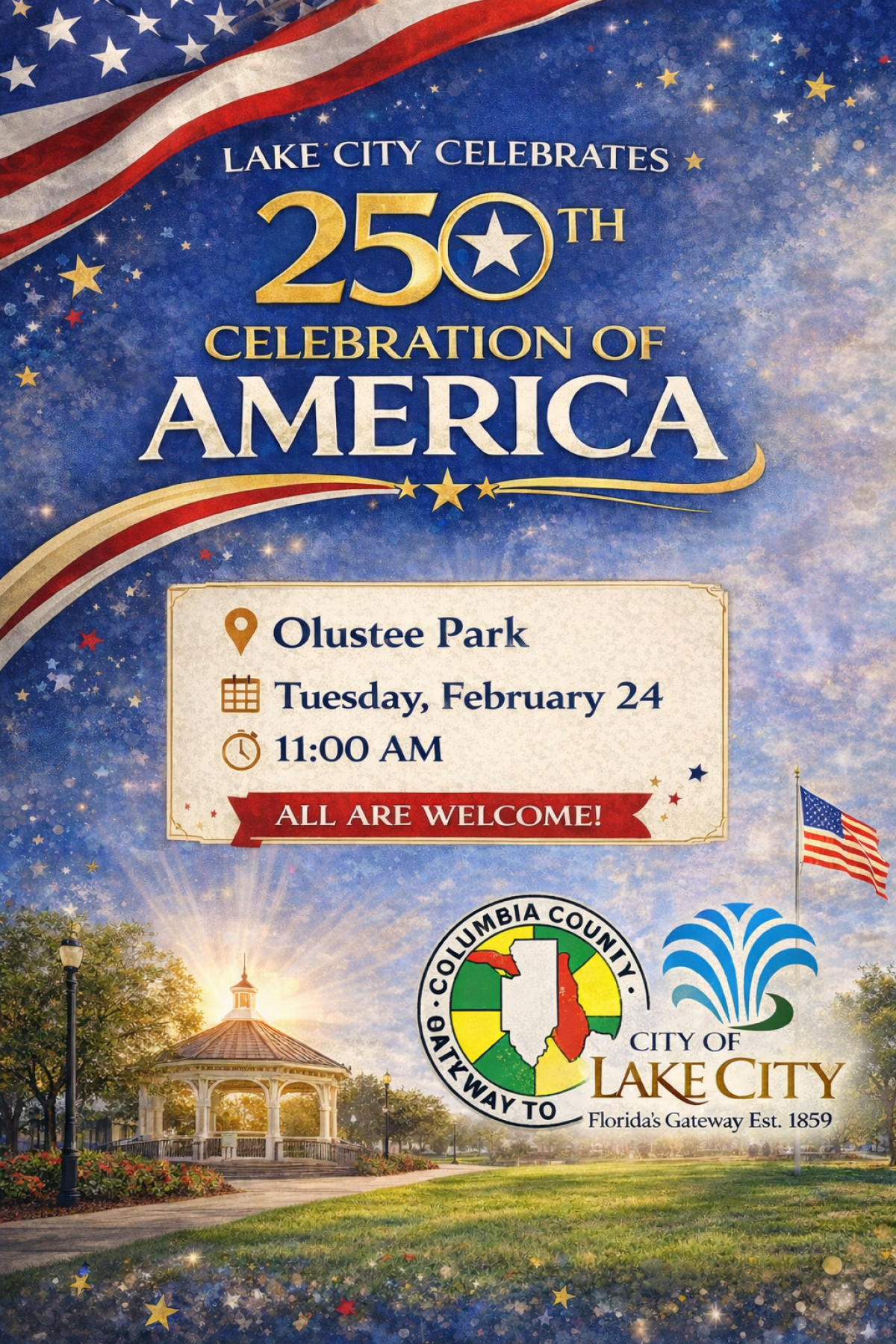 Gazeebo with grassy field. American flag. Light pole. City of Lake City and Columbia County logos.