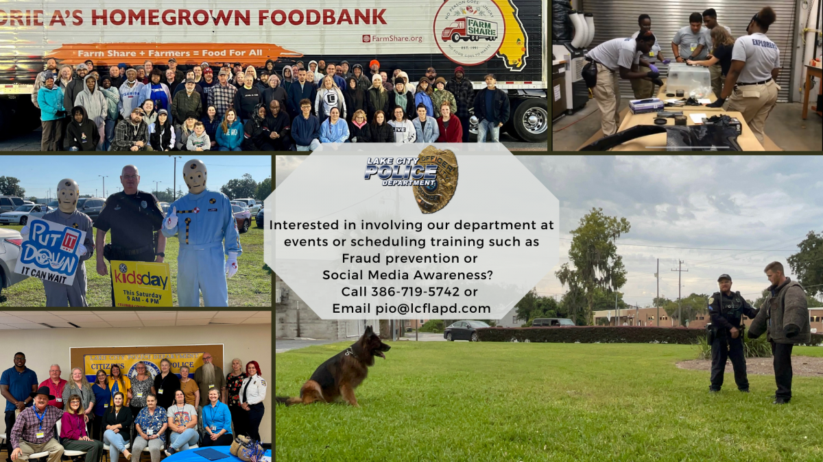 Police Department Programs Collage of pictures of police officers, police dog, foodbank truck, volunteers.