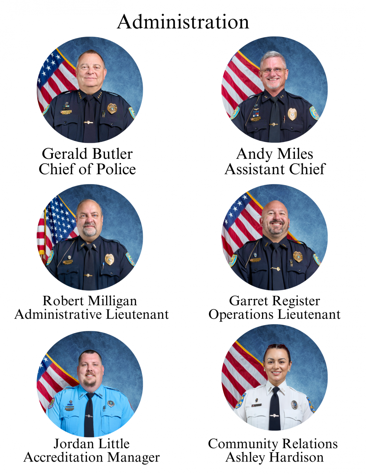 An image with the Lake City Police Department administration. In the picture are Chief Gerald Butler, Assistant Chief Any Miles.
