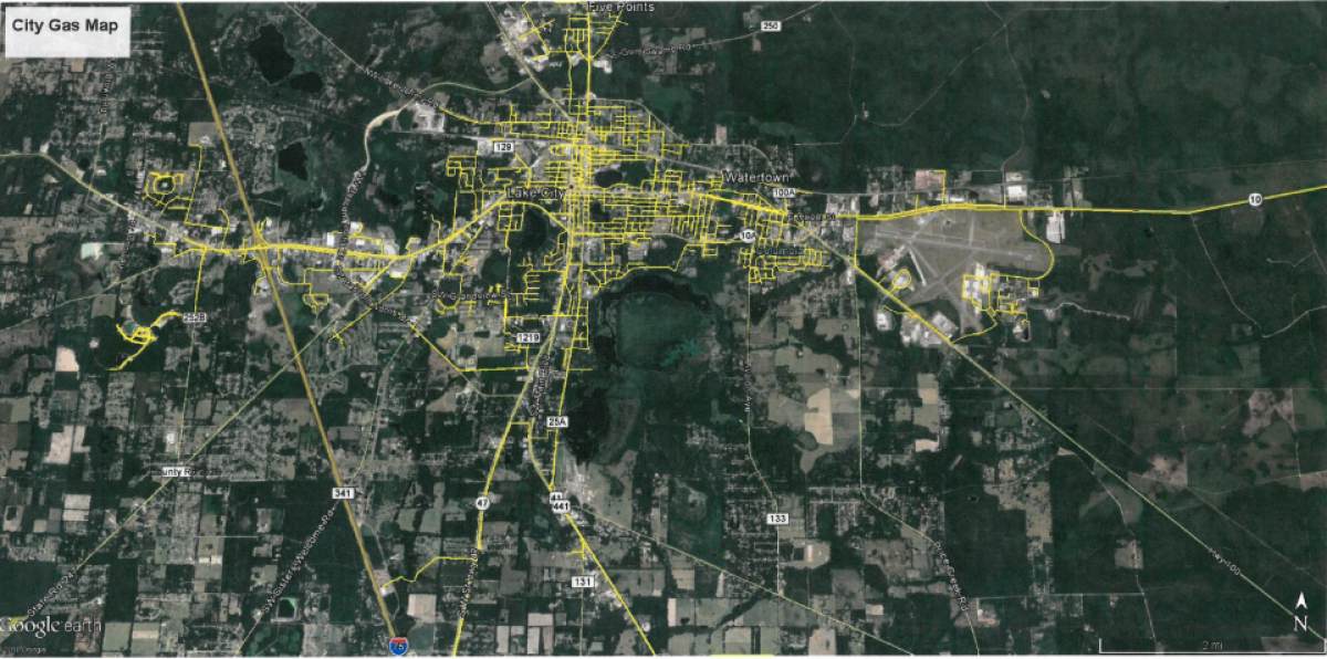 Map of Existing Natural Gas Lines in Lake City overlayed on a google earth satellite image